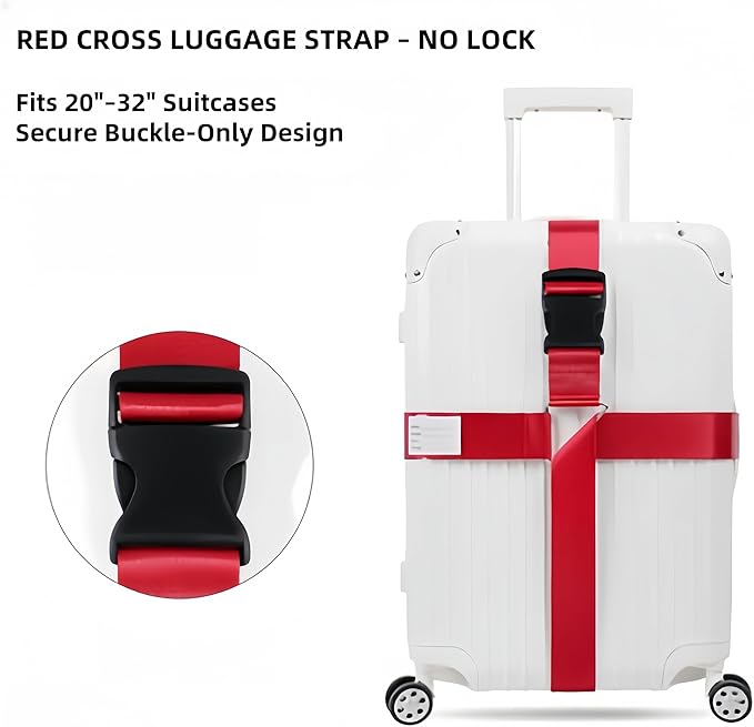 2-Pack Adjustable Luggage Straps for Suitcases – 2-Inch Wide Cross Travel Belt for 20"-32" Carry-On, Large & Collapsible Luggage – Durable Seatbelt Material, Suitcase Belts & Connector Straps (red)