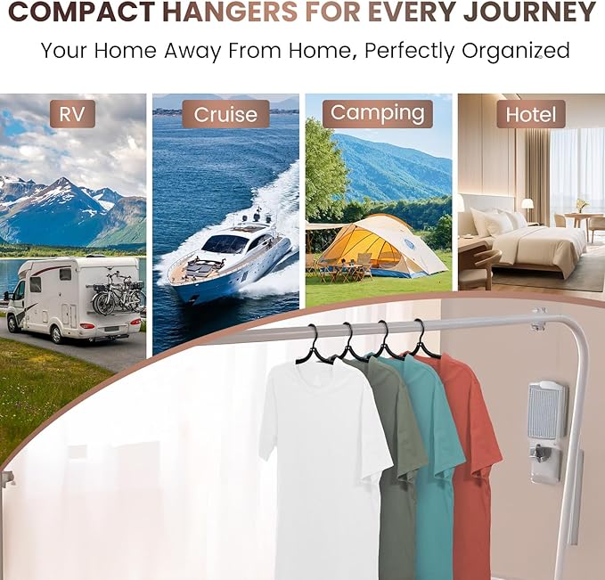 20 Pack Foldable Travel Hangers with 12 Clips - 2025 Cruise Essentials, Portable Collapsible Plastic Hangers-Travel Must Haves for Suitcase, Hotel, RV, Road Trip, Flying, Camping | Black