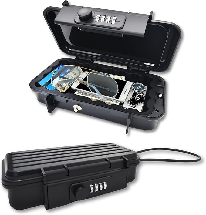 Portable Security Lock Box with Combination Lock, Waterproof Mini Safe Box with Cable, Travel Storage Case for Hotel, Car, Office