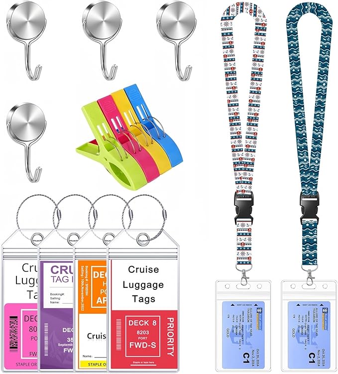 Cruise Ship Essentials, Magnetic Hooks for Cruise Cabins, Cruise Lanyard for Ship Cards, Cruise Luggage Tag Holder, Towel Clips for Chairs Cruise, Cruise Essentials 2025 for All Cruise Lines