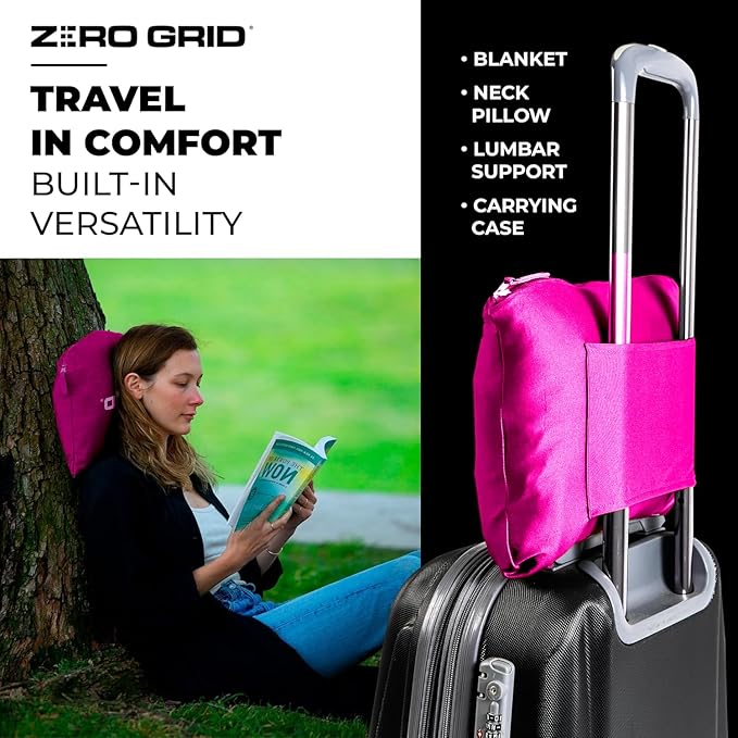 Lightweight Travel Blanket - Premium & Compact Airplane Wearable Blanket with Neck Snaps, Cozy Foot Pockets, Zipper Pouch - Converts into Soft Pillow - Designed for Ultimate Comfort - Hot Pink