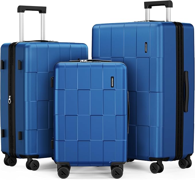SHOWKOO Luggage Sets 3 Piece Hardside Expandable Lightweight PC Suitcase Sets with Double Spinner Wheels TSA Lock, Sea Blue