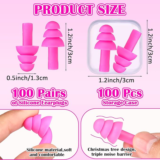 TrelaCo 100 Pairs Ear Plugs Bulk, NRR 29dB Reusable Silicone Ear Plugs with Plastic Cases Soft Foam for Sleeping Noise Cancelling for Concerts Shooting Swimming Noise Reduction(Pink)