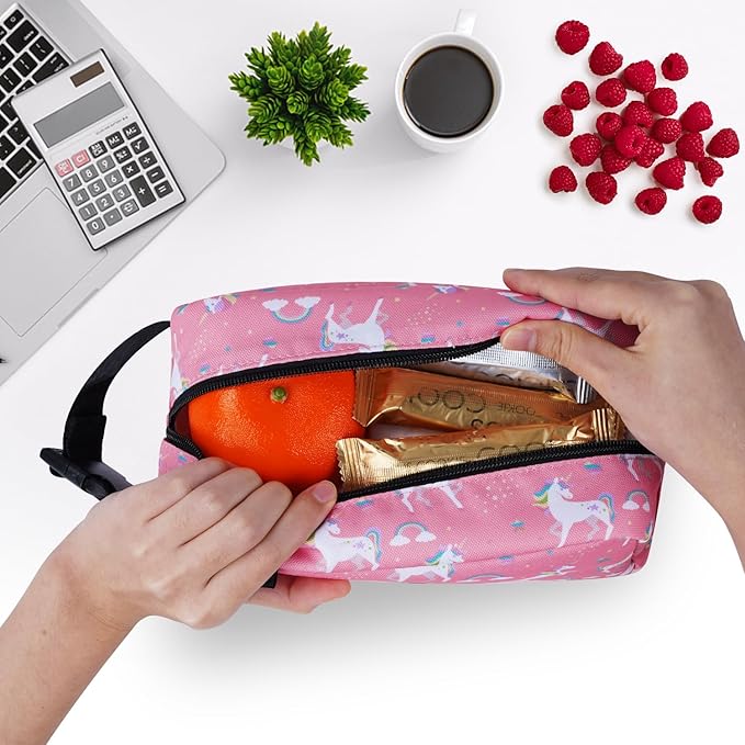 Cerbonny Small Insulated Cooler Bag (Pink Unicorn), 2.2L Meal Holder for Work, School, Travel, Picnic - Freezable Lunch Bag with Detachable Gel Packs, Fits Yogurt, Snacks, Breast Milk