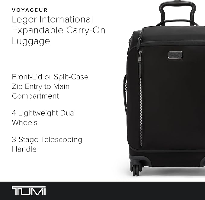 TUMI - Voyageur Leger 4 Wheeled Luggage - Women's Lightweight and Spacious, Sleek Silhouette, Durable Premium Suitcase - 21.8" International Expandable Carry-On, Black with Gunmetal Hardware