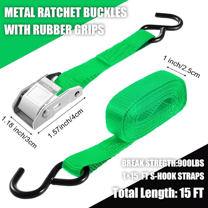16 Pcs Cambuckle Tie Down Straps 1763lbs Break Strength Securing Straps 1'' x 15 ft Cambuckle Tie Downs with S Hook for Motorcycle, Kayak, Car, Truck, Boat Moving, Securing Cargo(Green)