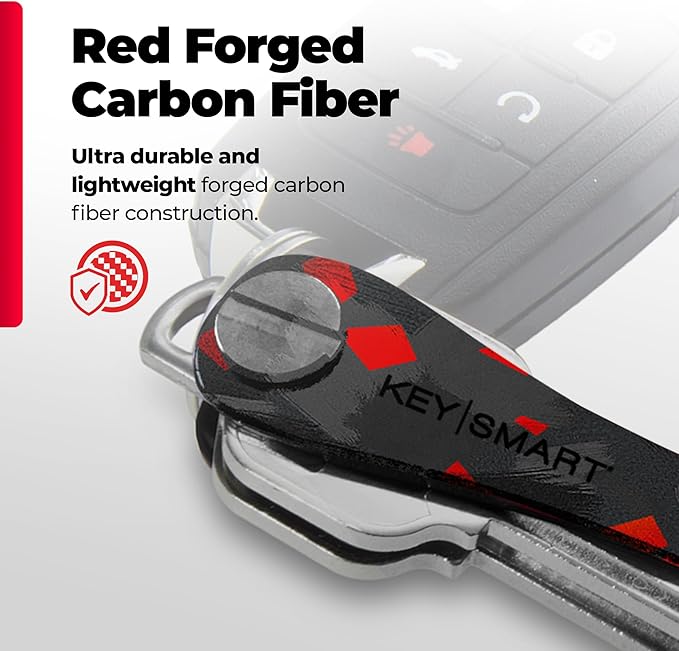 KEYSMART Key Holder for Keychain - Compact Key Organizer for Key Chain, Minimalist Clutter-Free EDC Keychains Key Ring, Red Forged Carbon Fiber, 14 Keys