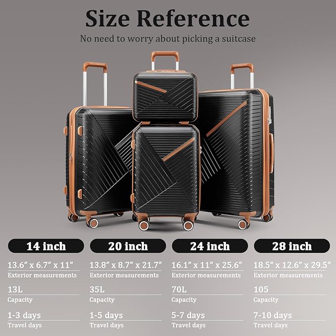 Campfun Luggage 4 Piece Sets, Expandable Carry On Luggage Set Hardshell PP, Suitcase Set with Double Spinner Wheels, Checked Durable Lightweight with TSA Lock, 14in 20in 24in 28in-Black Brown(B)
