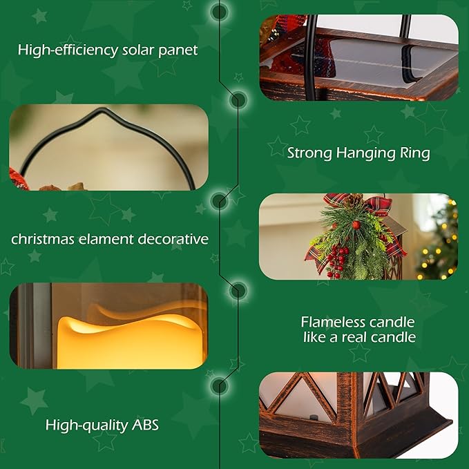 Christmas Solar Lanterns Outdoor, Waterproof Garden Hanging Lanterns, 13" Outdoor Christmas Decorative Lantern with LED Flickering Flameless Candles, Solar Lantern for Porch Yard Patio Decor