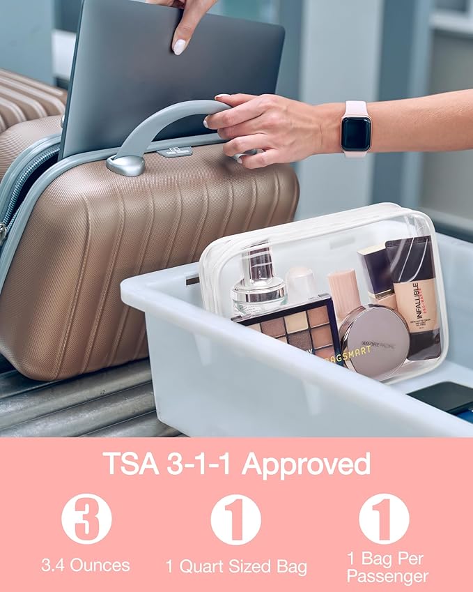 BAGSMART Clear Toiletry Bag, 3 Packs TSA Approved Water Resistant Quart Size Travel Organizer, Airport Airline Travel Essential Carry On Makeup Cosmetic Bags for Women, White