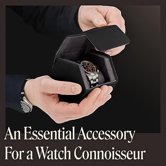 Single Leather Watch Case for Men - Hexagon Watch Roll Travel Case - Genuine Napa Leather with Luxury Velvet Interior - Storage & Display Holder for 1 Watch (Black/Charcoal)