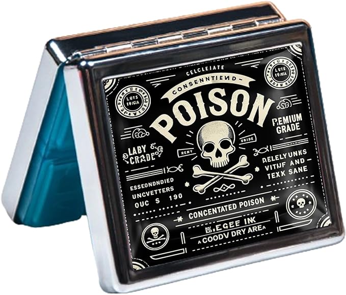 Cute and Portable Metal Pill Organizer – 8 Compartments, Elegant Chrome Finish, Ideal for Travel and Daily Use (Poison Label Retro)