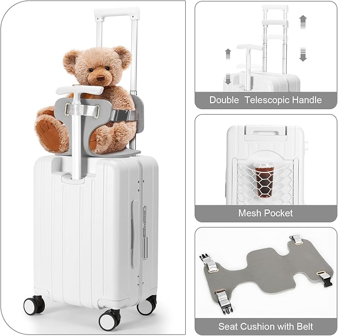 MRPLUM Carry On Luggage Double Handle Suitcase with Net Pocket,Hard Shell Spinner Wheels Luggage with TSA Lock&Seat Belt,20 inch,White