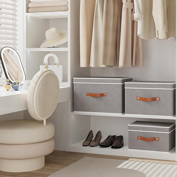 Collapsible Storage Bins with Lids, 1 Pack Linen Foldable Cloth Baskets, 15 x 9.8 x 9.8 Inch Closet Organizer Containers with Double Handles, Sweater Boxes for Bedroom, Grey