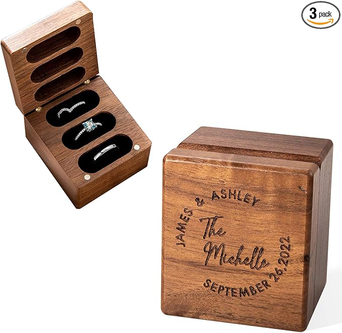 Custom Engraving Ring Gift Box Wooden Presentation Jewelry Box Case with 3 Ring Slots for Proposal Engagement Wedding Ceremony Birthday Gift