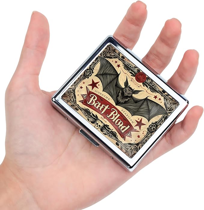 Cute and Stylish Metal Pill Box - Compact Portable Pill Organizer with 8 Compartments, Food-Grade Divider, Ideal for Travel, Vitamins, Jewelry, Cosmetics (Bat Blood Brew)