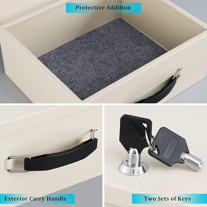 Dalmbox Portable Fire Safe Box with Key Lock, Fire Resistant Metal Lock Box for Documents, Security Strong Storage Box Safety Deposit Box for Home, Outside, Car, XL Large,13.2”x 11”x 5.1'', Beige