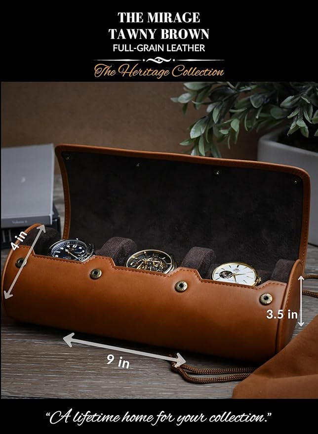 Watch Travel Case for Men – Leather Watch Roll Case Organizer – 3 Watches - Brown Full Grain Cow Leather