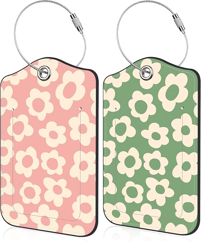 Vintage Groovy Flowers Luggage Tag for Suitcase 2 Pack Leather Luggage Tag with Privacy Flap Name ID Label and Metal Loop for Women Men Travel