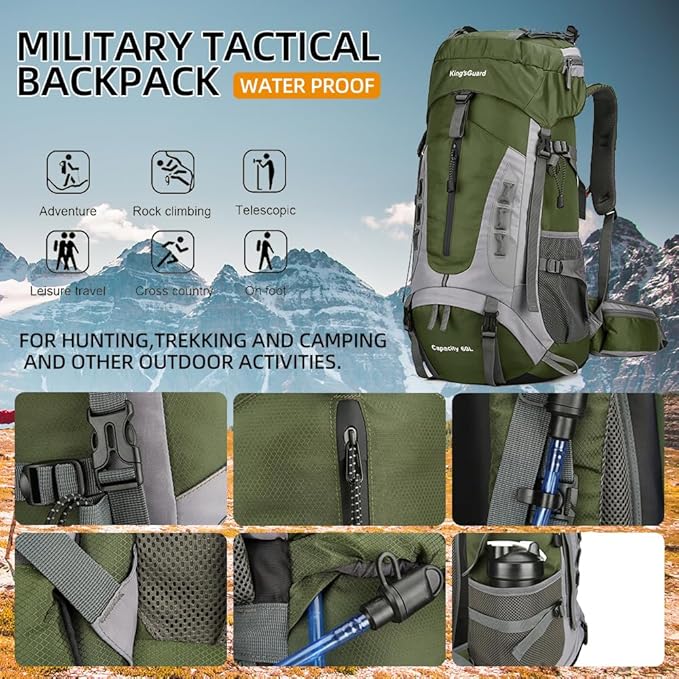 King'sGuard 60L Hiking Backpack Large Waterproof Camping Backpack for Men and Women Lightweight Frameless Backpacking Backpack with Rain Cover (Army Green)