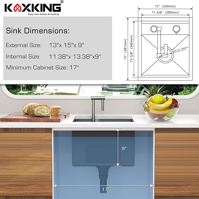RV Sink 13x15x9, Compact Workstation Bar Sink with Foldable Faucet, Cutting Board & Stainless Steel Grid, Undermount Single Bowl Camper Sink