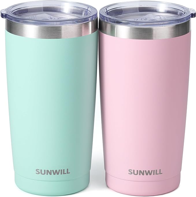 SUNWILL Travel Coffee Mug with Lid, 20 oz Tumbler Set of 2, Insulated Stainless Steel Cup for Water, Tea, Powder Coated Sakura & Mint