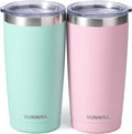 SUNWILL Travel Coffee Mug with Lid, 20 oz Tumbler Set of 2, Insulated Stainless Steel Cup for Water, Tea, Powder Coated Sakura & Mint