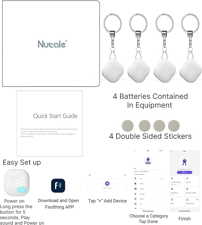 Key Finder, Bluetooth Tracker Item Locator with Key Chain for Keys Pet Wallets or Backpacks and Tablets, Batteries Include -White