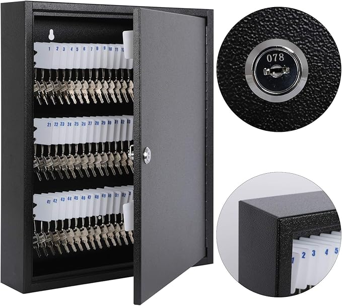 KYODOLED Key Storage Lock Box with Key, Locking Key Cabinet, 100 Key Management Wall Mount with Key Lock, Key Hooks & Tags Key Labels, 3.1" D x 17.1" W x 14.1" H (Black 100 Key)