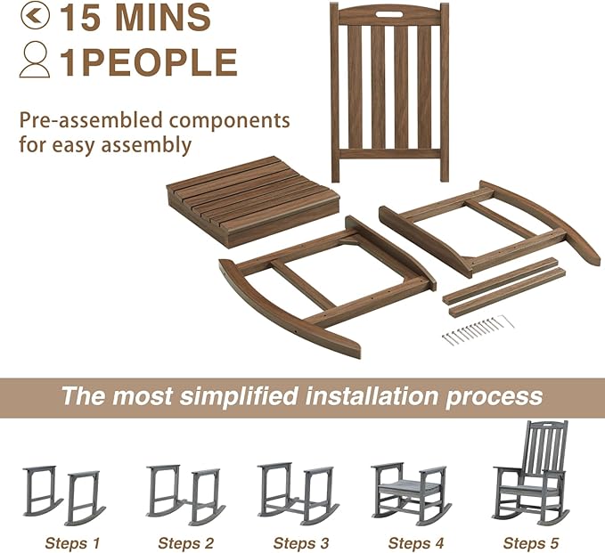 Psilvam Outdoor Rocking Chair, Poly Lumber Oversized Rocking Chair with 21" Wide Seat and 32" Tall Backrest, Pre-Assembled with Most Components for Effortless Installation(Bright Brown)