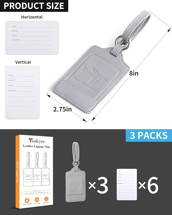 Teskyer Luggage Tags, 3 Pack Premium PU Leather Luggage Tags for Suitcases, Privacy Protection Travel Bag Tags, Lichee Gray