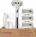 Flamingo Shaving Razor Set for Women - Razor Handle, 4 Razor Blade Refills, Shower Holder - Chrome