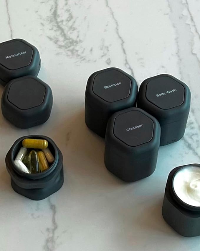 Cadence Travel Containers - Daily Routine Capsule Set - Magnetic Containers with Lids,4 Flex Mediums (1.32oz) & 3 Flex Smalls (0.56oz) - Shampoo, Conditioner, Body Wash, Pills, & More - Charcoal