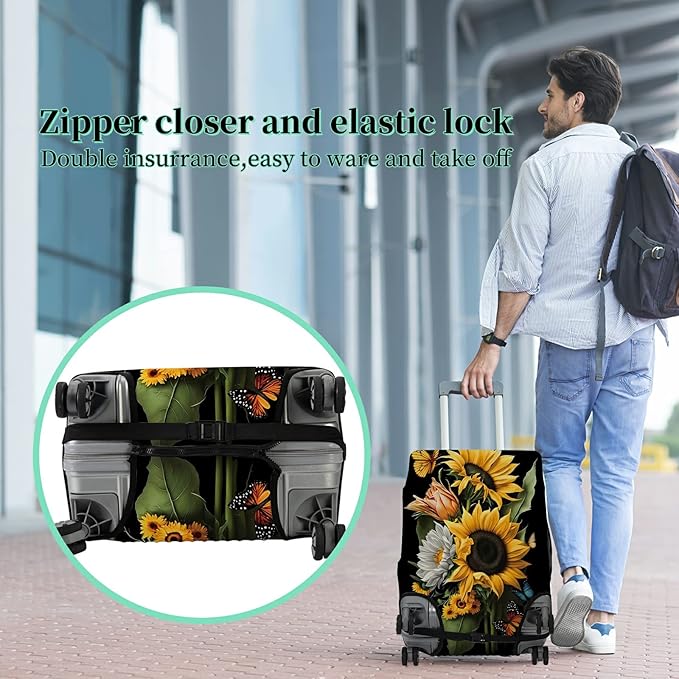 Suitcase Protector Plus 1 Luggage Tag, Sunflower Orchids Travel Cover for 26-28 inch Luggage with Concealed Zipper, Washable Elastic Cloth, Dustproof, Anti-Scratch
