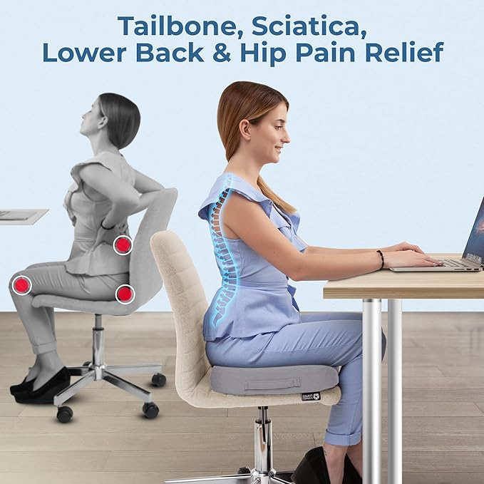 5 STARS UNITED Seat Cushion for Tailbone Pain Relief – Large Memory Foam Cushion for Coccyx, Hip, Sciatica & Post-Surgery Recovery – Wheelchair, Car, Desk, Gaming & Office Chairs, Light Gray
