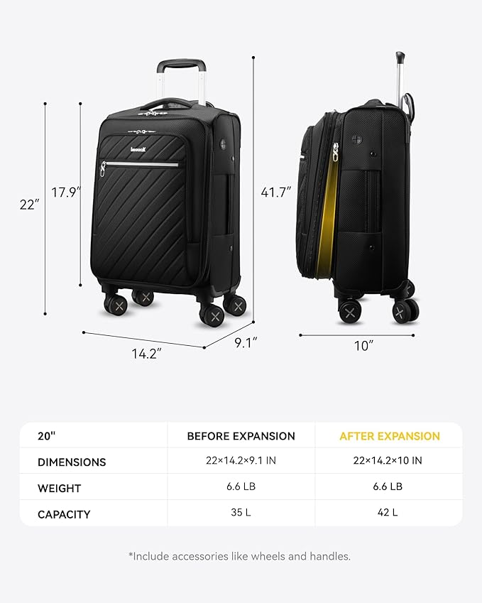 LUGGEX Carry On Luggage with Spinner Wheels - Stylish Lightweight Carry On Suitcase - Soft Sided 22x14x9 airline approved with Front Open Design for Travel, Business (Black, 20 Inch)