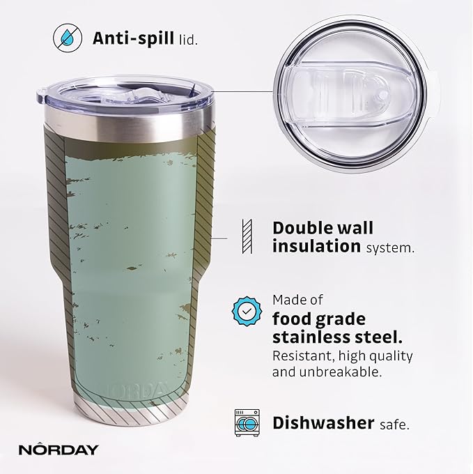 NORDAY | Tumbler with Lid - 30oz - Military Insulated Tumbler - Stainless Steel Tumblers - Double Wall Insulated Travel Coffee Mug for Car Cup Holder - Keeps Temperature for 24hr - Anti Spill Lid