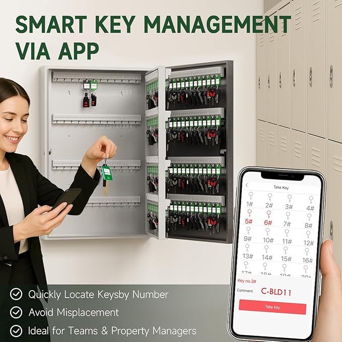 192 Key Cabinet Organizer,Metal Key Lock Box Wall Mount use OTP Technology Unlock,Fixed Password/Bluetooth/OTP Share Half-Remote Unlock,Security Lockbox for Key Management Hook & Storage
