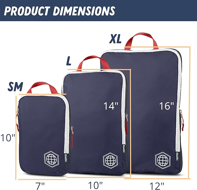 Large Compression Packing Cubes 6 Piece Set for Travel with Lightweight Laundry Bag for Carry-On Suitcase by TRIPPED Travel Gear (Navy)