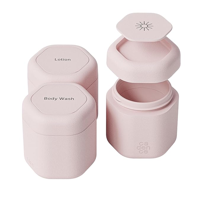 Cadence Travel Containers - Body Care Capsule Set - Magnetic Containers with Lids,Carry On Travel Essentials for Women/Men - 3 Flex Mediums (1.32oz) - Body Wash, Lotion & Sun Icon Labels - Petal