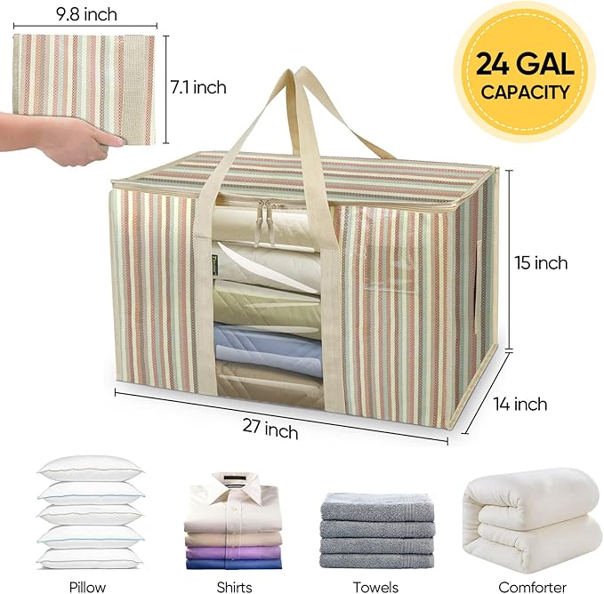 BALEINE 2-Pack Oversized Moving Bags with Reinforced Handles, Heavy-Duty Storage Tote for Clothes, Moving Supplies (Color Stripe with Window, 2-Pack)