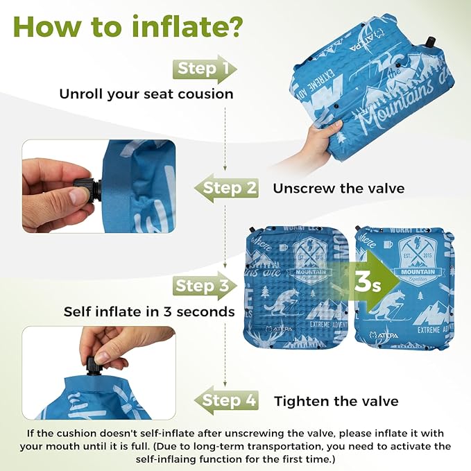 ATEPA Inflatable Stadium Seat Cushion, Self-Inflating Memory Foam Stadium Seats Bleacher Seat Chair Cushion Pad for Airplane Travel Backpacking Sports Events
