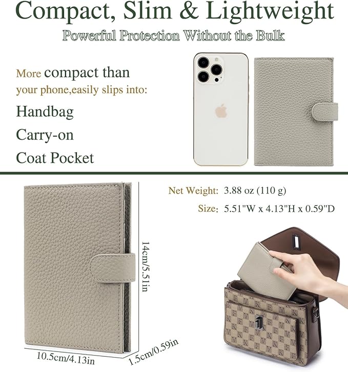 Passport Wallet for Women – Slim RFID Blocking Passport Cover with 1 Passport Slot & 3 Card Slots, Coin Pocket & SIM Slot – Genuine Leather Travel Organizer Grey
