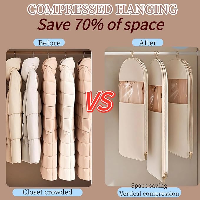 Space Saving Hanging Garment Bag With Self Compression Zipper,Garment Bags for Travel,Dust Cover for Coats Down Jackets, Closet Clothes Organizer with Clear Window (Beige, M+L+XL)
