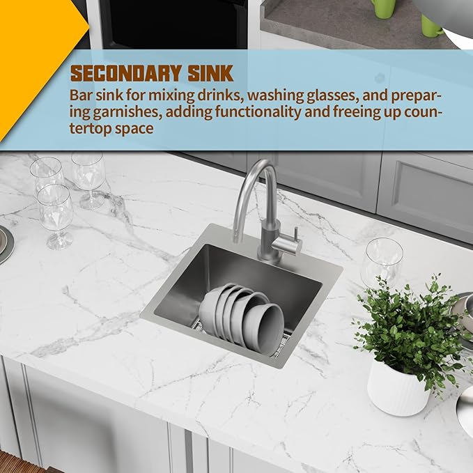 Small Kitchen Sink,15x15 Inch Bar Sink Stainless Steel Drop In Small Kitchen Sink Ideal Choice For Small Space Nice As Toprmount Prep Sink,RV Kitchen Sink With Bottom Grid,Soap Mat And Drain Assembly