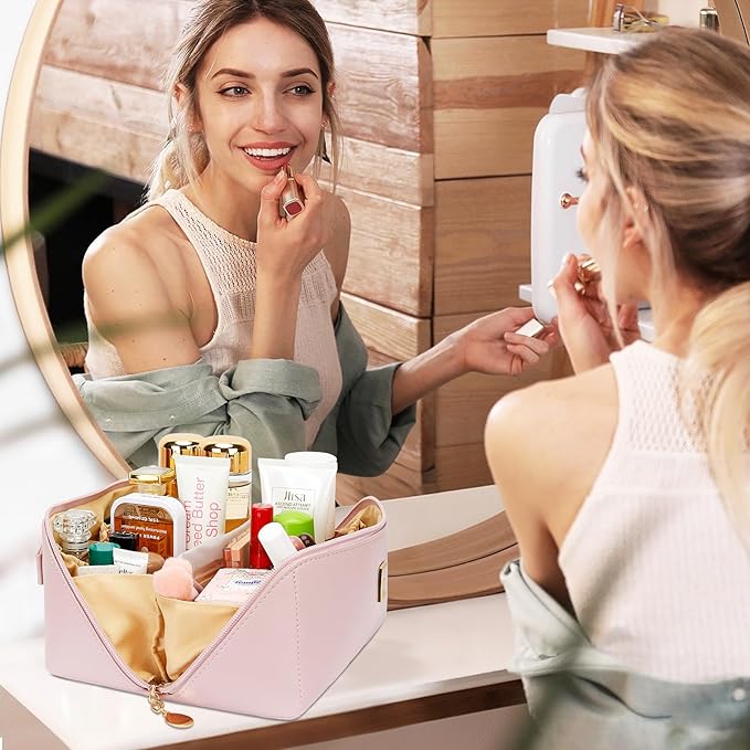 Birthday Gifts for Women Teen Girl, Personalized Initial Makeup Organizer Bag Set, Open Flat Travel Cosmetic Bag With Clear Divider and Handle(Pink,M)