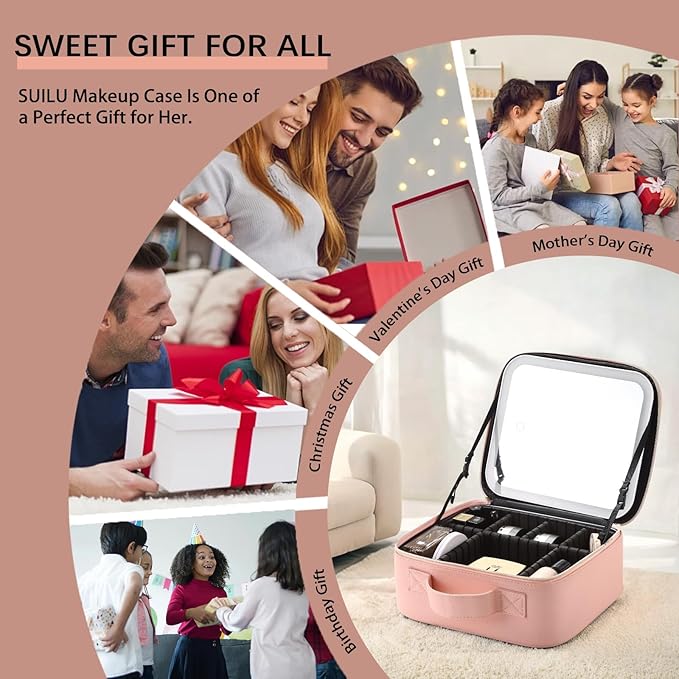 Makeup Bag with Led Mirror,Travel Makeup Organizer with 3 Color Setting, Portable Storage and Adjustable Dividers Travel Makeup Bag(Pink)