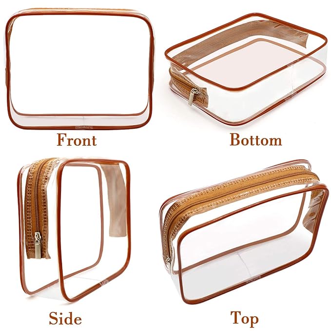 APREUTY Clear Makeup Bags, TSA Approved 6Pcs Cosmetic Makeup Bags Set Clear PVC w/Zipper Handle Portable Travel Luggage Pouch Airport Airline Bags Bathroom (Coffee)