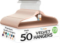 50 Pack New Premium Quality Velvet Hangers Ultra Thin Non Slip Adult Felt Space Saving Hangers for Closet Heavy Duty Coat Pants Jackets Dress Hangers 360° Swivel Hook Hold Upto 10lbs Rose Gold
