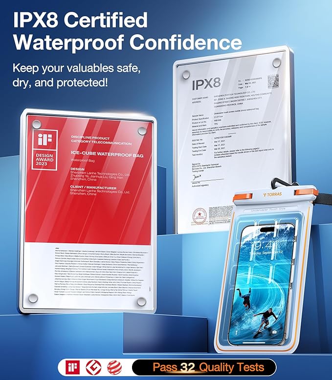TORRAS IPX8 Waterproof Phone Pouch Floating, Underwater Screen Touchable, Water Proof Case with Lanyard for iPhone 16 Pro Max 15 S25, Cellphone Dry Bag Cruise Essentials 7.0 inch, White